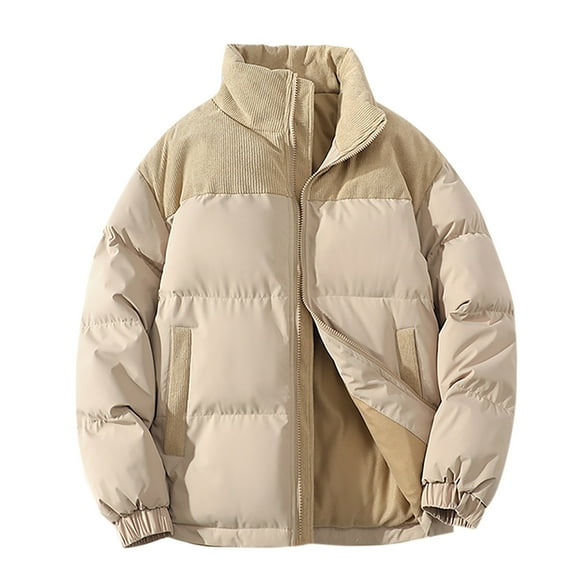 Htigea Men's Puffer Jacket Winter Warm Thick Padded Coat Trendy Patchwork Long Sleeve Coats Lightweight Outdoor Hiking Ski Jackets with Pockets Khaki XXL