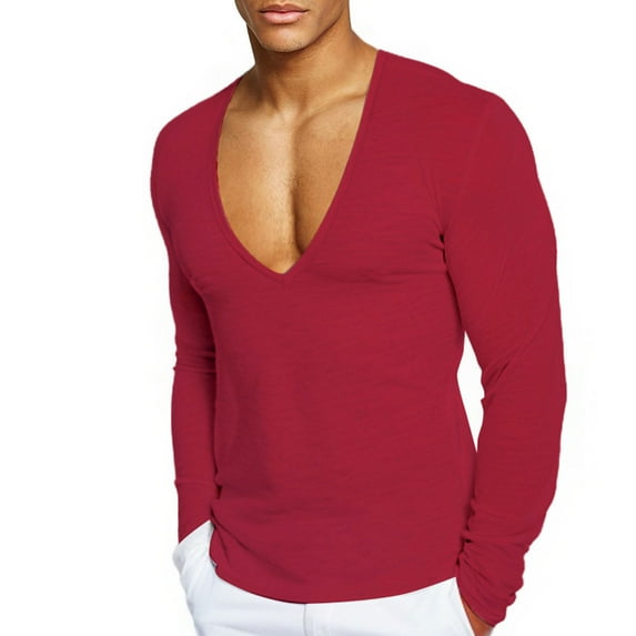 Dagegui Men's V-Neck Long Sleeve Tops Cotton Stretch Slim Fit Athletic Shirt Quick Dry Gym Running Workout Muscle Tee Wine XXXL