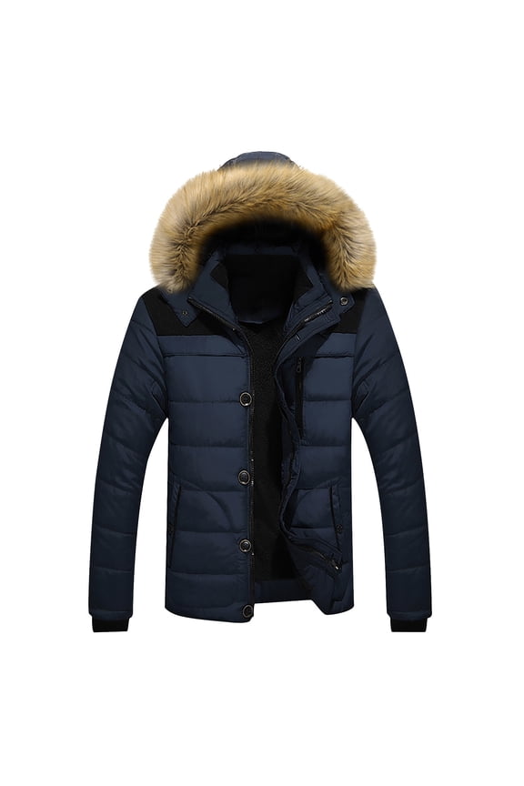 Men's Winter Hooded Jacket Casual Warm Padded Coat Big and Tall Windproof Down Jackets Full Zip Up Quilted Coats for Outdoor Active Blue L