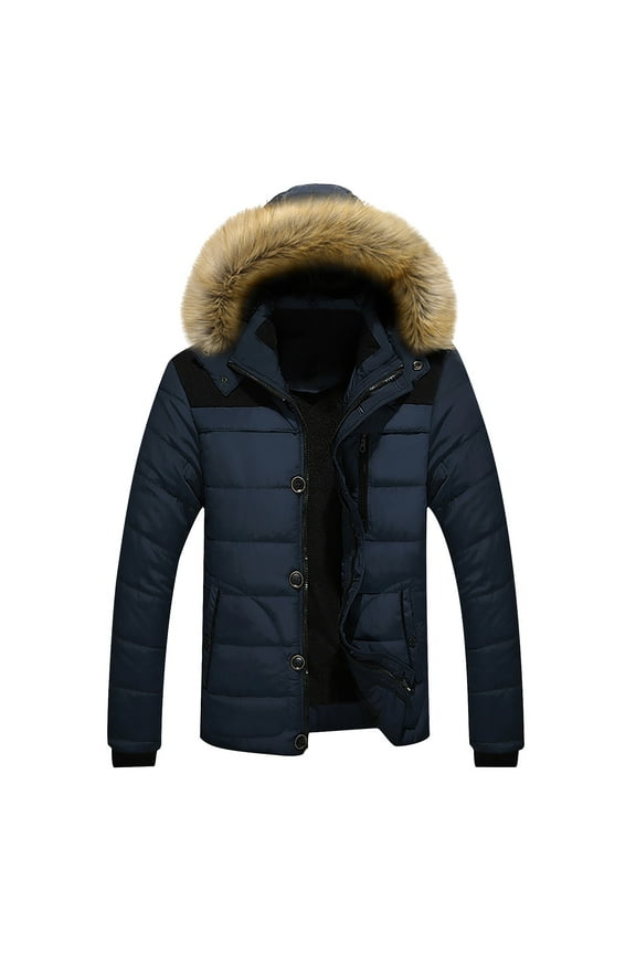 Men's Winter Hooded Jacket Casual Warm Padded Coat Big and Tall Windproof Down Jackets Full Zip Up Quilted Coats for Outdoor Active Blue M