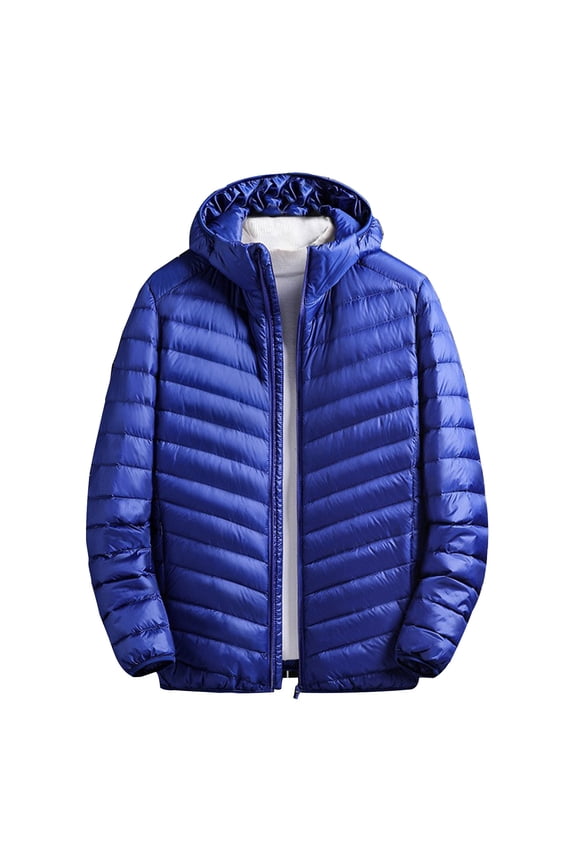 Mens Lightweight Packable Puffer Jacket Big and Tall Winter Hooded Down Coats Solid Color Zipper Quilted Jackets Outdoor Work Outerwear Blue XXXXXL