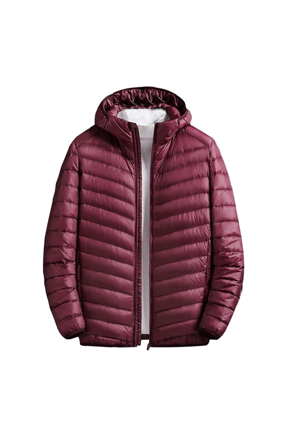 Mens Lightweight Packable Puffer Jacket Big and Tall Winter Hooded Down Coats Solid Color Zipper Quilted Jackets Outdoor Work Outerwear Wine XXXL