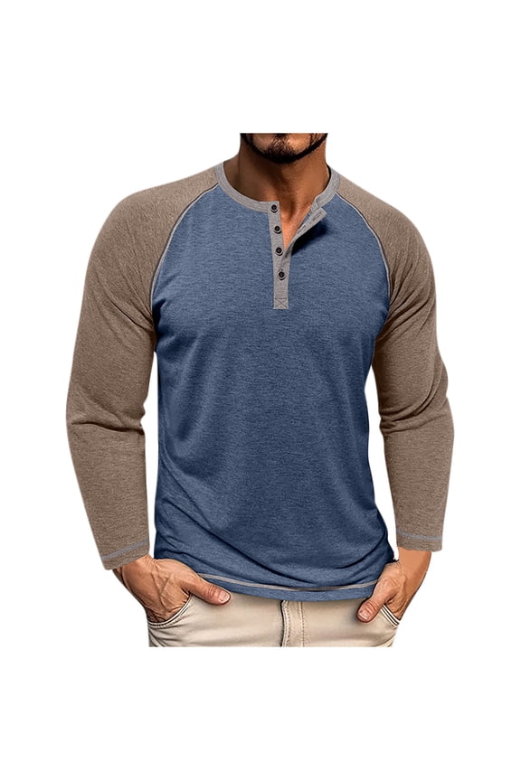 Mens Long Sleeve Henley T-Shirts Slim Fit Raglan Pullover Color Contrast Athletic Tops Gym Workout Muscle Tee Blue L