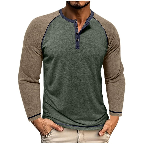 Dagegui Mens Long Sleeve Henley T-Shirts Slim Fit Raglan Pullover Color Contrast Athletic Tops Gym Workout Muscle Tee Green M