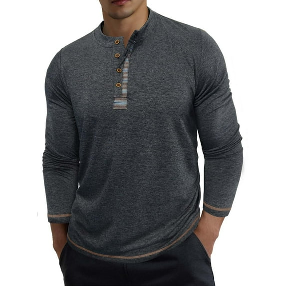 Dagegui Mens Long Sleeve Tee Shirts Basic Henley Shirt Lightweight Cotton T-Shirts Slim Fit Athletic Muscle Tops Dark Gray L