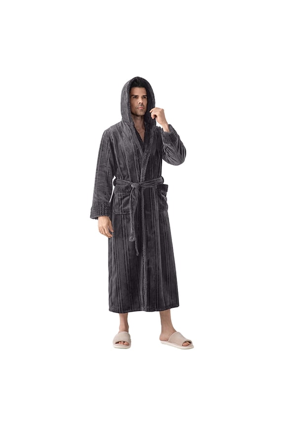 Mens Plush Hooded Robe Fleece Spa Shower Bathrobe with Pocket Casual Loungewear Nightgown Gray,L