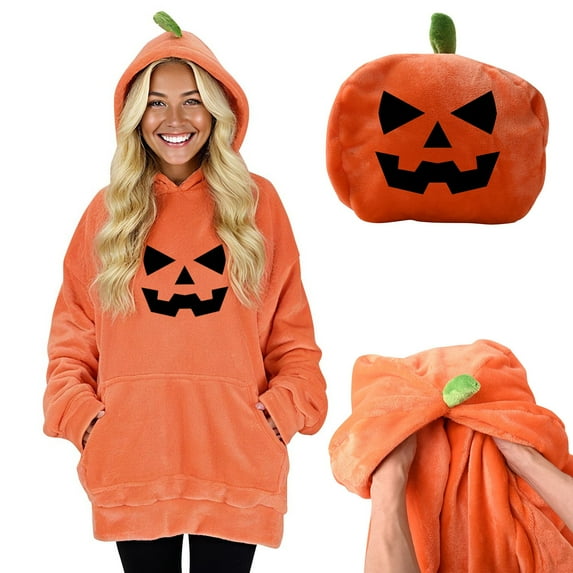 Htigea Mens Womens Flannel Hoodies Soft Cozy Hooded Long Sleeve Sweatshirt 2 in 1 Pillow Tops Cute Holiday Gift for Unisex Orange (Pumpkin Pattern) M