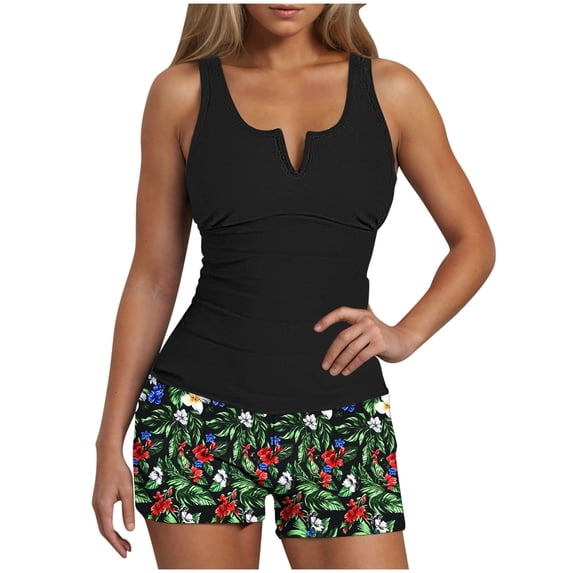 Htigea Modest Bathing Suit for Women Tummy Control Swimsuit Notch V Neck Tank Tops with Boy Shorts Sleeveless Tankini Swimwear 2 Pack Black,S
