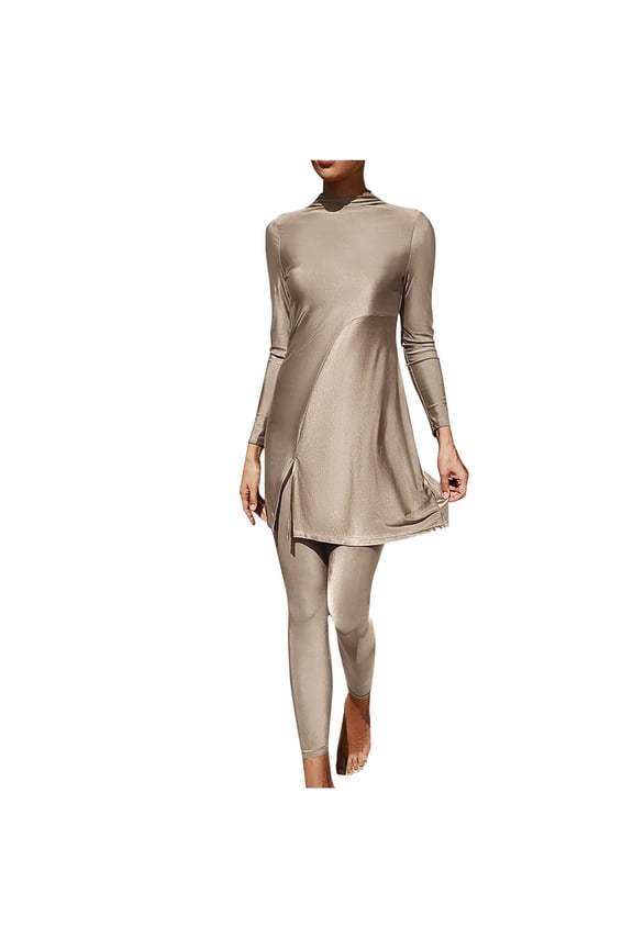 Muslim Swimsuits for Women Modest Long Sleeve & Pants Full Coverage 2 Piece Summer Sun Protection Swimwear Bathing Suits Khaki,XL