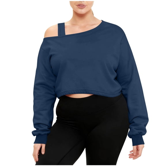 Htigea Off Shoulder Cropped Sweatshirts for Women Long Sleeve Pullover Y2k Casual Trendy Tops Fall Winter Outfits Navy S