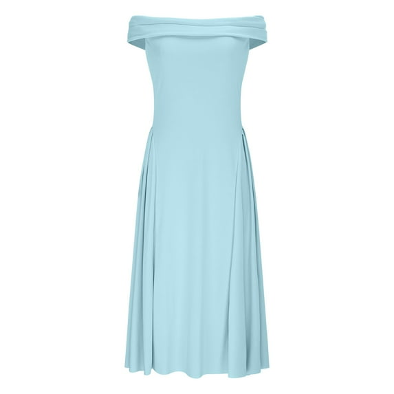Htigea Off the Shoulder Midi Dress for Women Summer Strapless Pleated Evening Party Dress Formal Wedding Guests Dresses Light Blue,XL