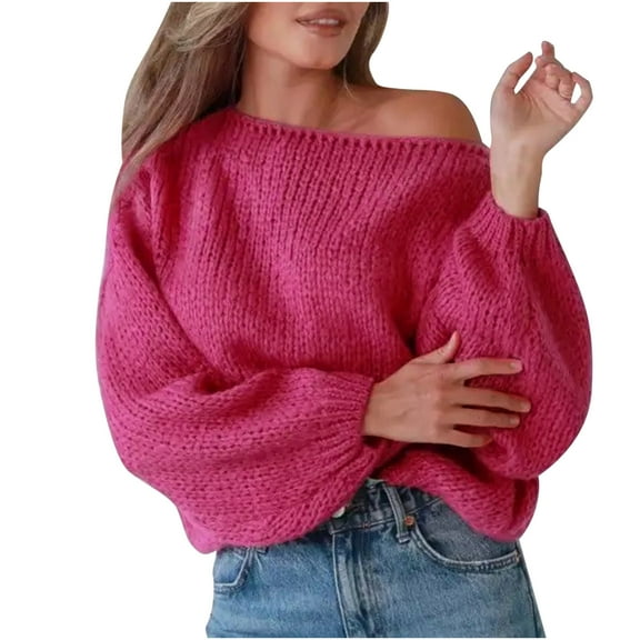 Htigea Off the Shoulder Sweater for Women Y2k Tops Casual Long Sleeve Pullover Solid Knit Jumper Tops Hot Pink S
