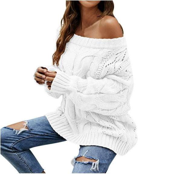 Htigea Off the Shoulder Sweaters for Women Crochet Hollow Out Long Sleeve Cable Knit Sweater Casual Loose Fit Pullover Tops White S