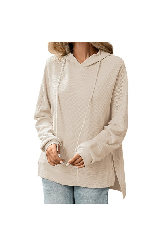 Oversized Hoodies for Women Casual Long Sleeve Side Slit Pullover Drawstring Hooded High Low Sweatshirts with Pockets Beige XXL