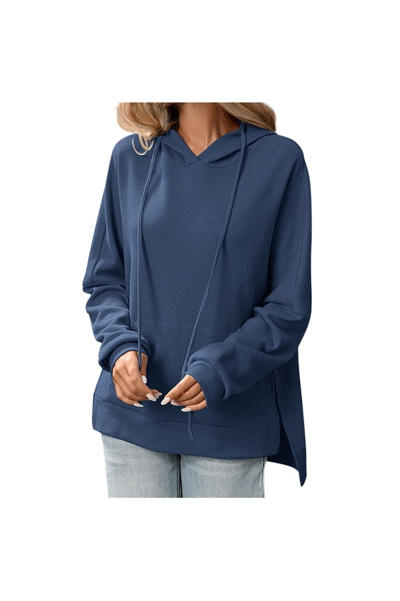 Oversized Hoodies for Women Casual Long Sleeve Side Slit Pullover Drawstring Hooded High Low Sweatshirts with Pockets Navy XXL