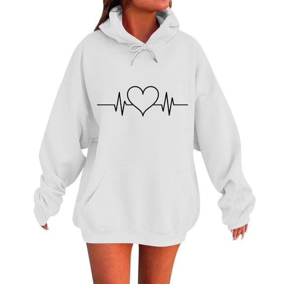 Htigea Oversized Hoodies for Women Heart Print Hooded Sweatshirts Loose Casual Pocket Hoodie Thin Fleece Long Sleeve Pullover Tops White L