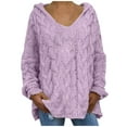 thumbnail image 1 of Htigea Oversized Sweater for Women Cable Knit Hooded Sweaters Casual V Neck Hoodies Solid Long Sleeve Pullover Tops Purple XL, 1 of 8