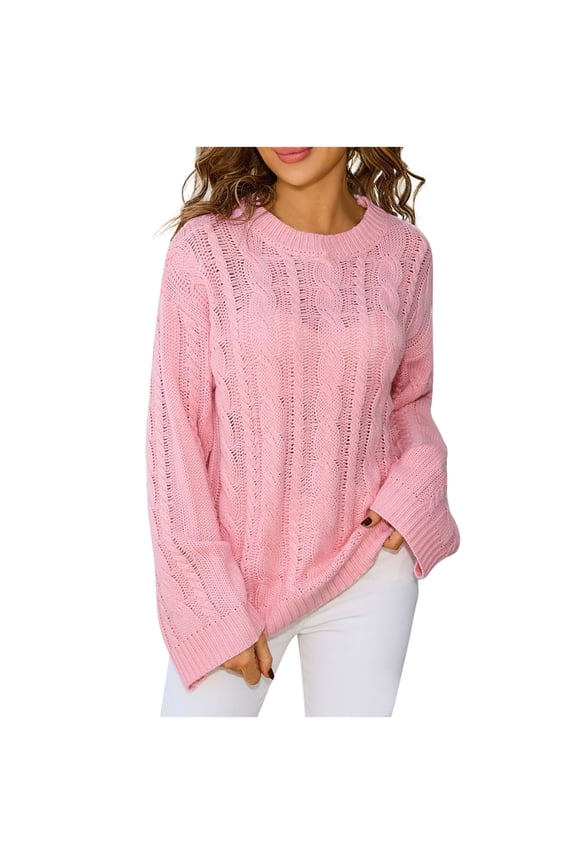 Oversized Sweater for Women Lightweight Cable Knit Sweaters Long Sleeve Hollow Out Pullover Cute Cover Ups Tops Pink M