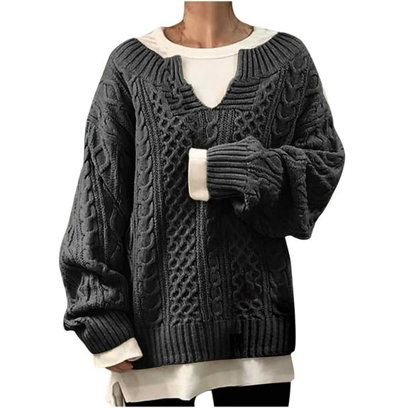 Htigea Oversized Sweaters for Women Cable Knit V-Neck Long Sleeve Chunky Pullover Preppy Solid Fall Winter Jumper Tops Dark Gray S