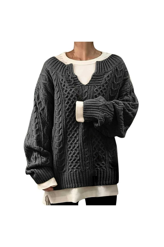 Oversized Sweaters for Women Cable Knit V-Neck Long Sleeve Chunky Pullover Preppy Solid Fall Winter Jumper Tops Dark Gray S