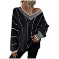 thumbnail image 1 of Htigea Oversized Sweaters for Women Striped Pullover Casual V Neck Long Sleeve Tunic Tops Jumper Black XL, 1 of 4