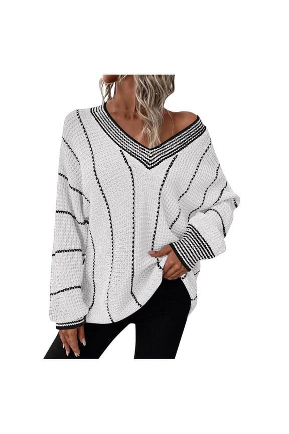 Oversized Sweaters for Women Striped Pullover Casual V Neck Long Sleeve Tunic Tops Jumper White XL