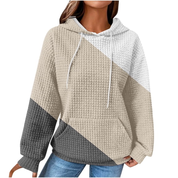 Htigea Oversized Sweatshirt for Women Color Block Pullover Fall Top | Preppy Long Sleeve, Drawstring, Loose Fit, Casual, Pockets Khaki S