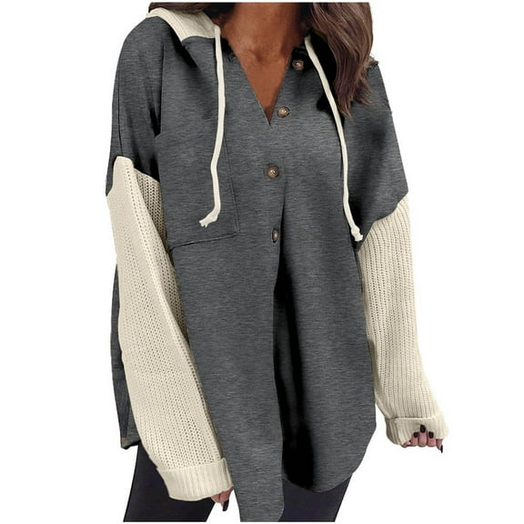 Htigea Oversized Sweatshirt for Women Knit Splice Long Sleeve Hoodies Casual Button Down Hooded Sweatshirt with Chest Pocket Dark Gray XL