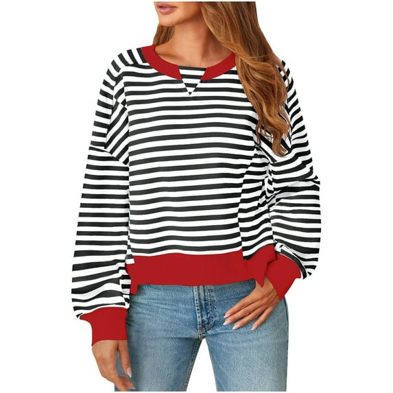 Htigea Oversized Sweatshirts for Women Striped Color Block Long Sleeve Pullover Casual Loose Fit Y2K Sweatshirt Black M