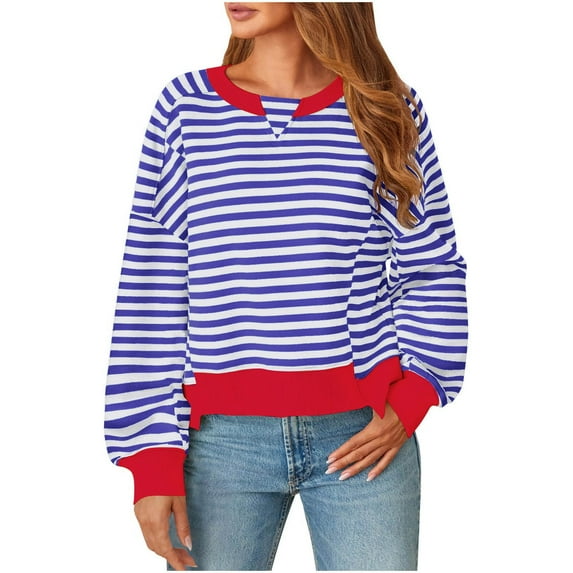 Htigea Oversized Sweatshirts for Women Striped Color Block Long Sleeve Pullover Casual Loose Fit Y2K Sweatshirt Dark Blue M