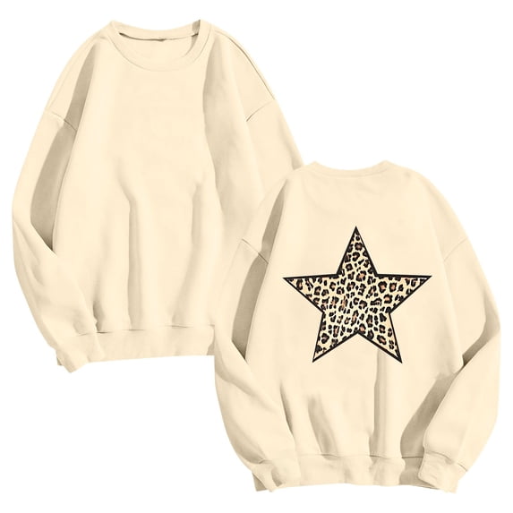 Htigea Oversized Sweatshirts for Women Trendy Star Print Long Sleeve Pullover Loose Casual Crewneck Tops Beige XL