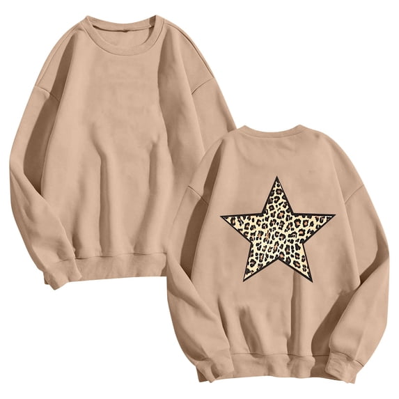 Htigea Oversized Sweatshirts for Women Trendy Star Print Long Sleeve Pullover Loose Casual Crewneck Tops Khaki XL