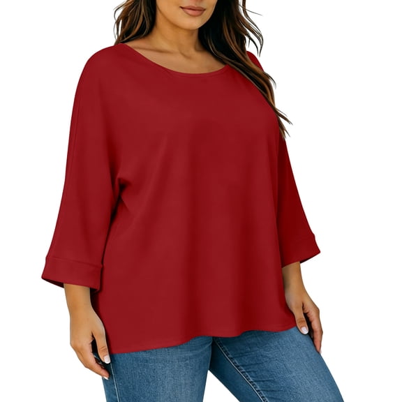 Htigea Oversized Tops for Women 3/4 Sleeve Crewneck T-Shirts Solid Color Loose Casual Versatile Shirt Red XL