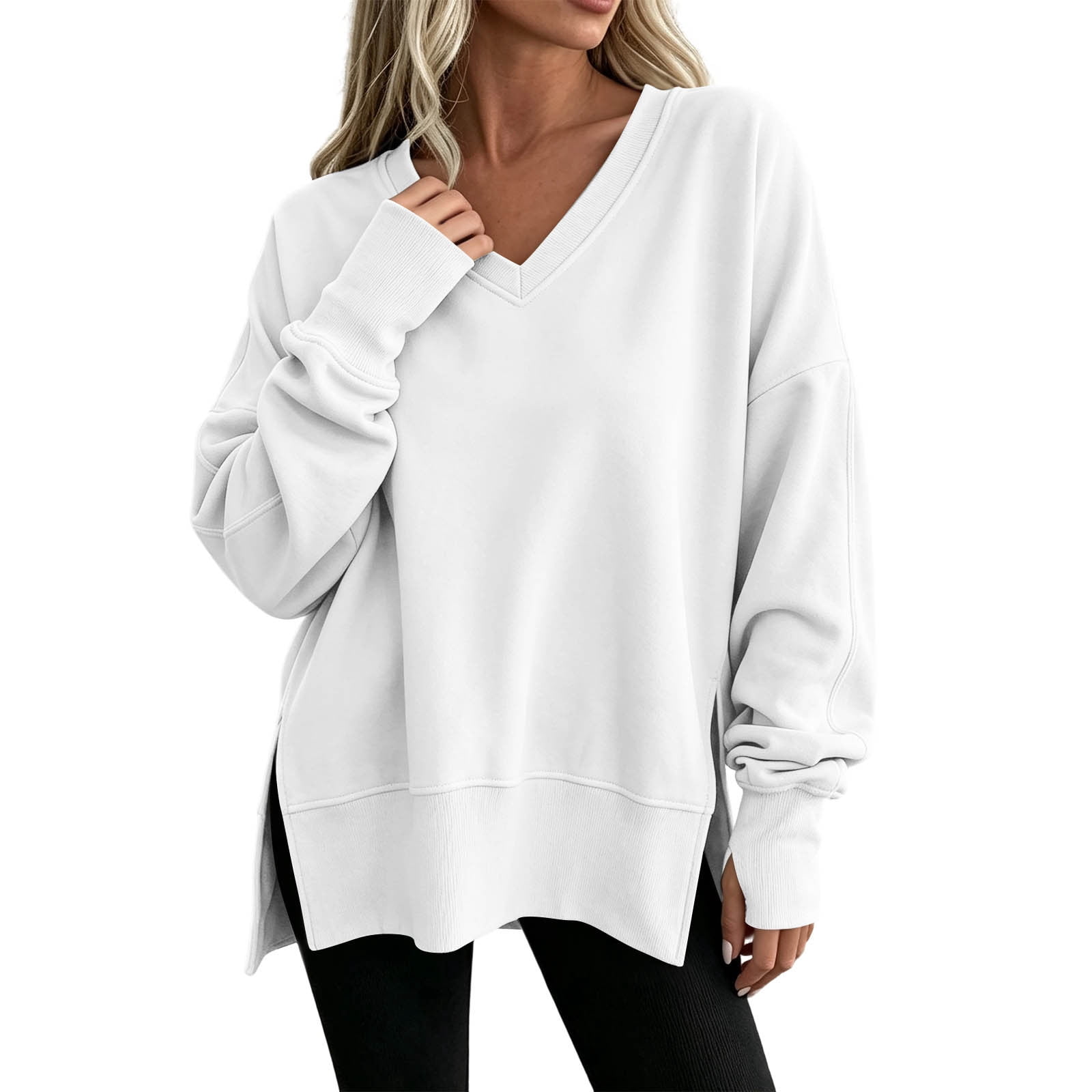 Htigea Oversized V Neck Sweatshirts for Women Thumbhole Long Sleeve ...