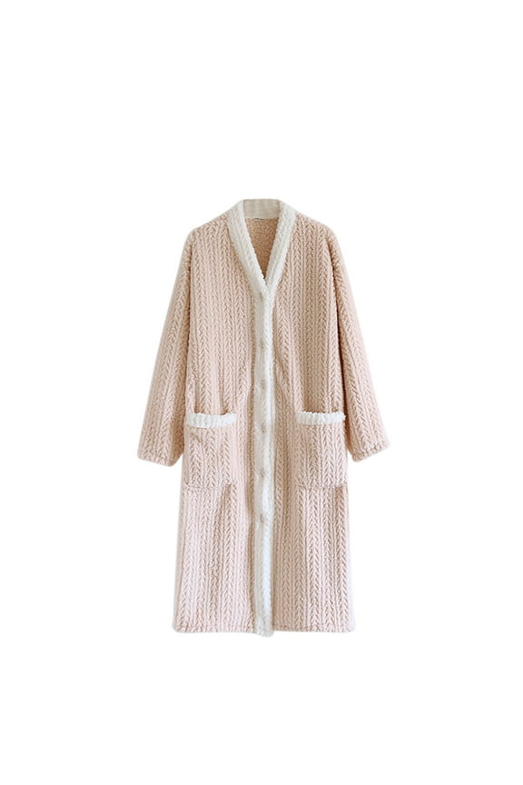 Pajamas for Women Winter Fall Flannel Thermal Housecoat Loungewear Comfy Button Up Bath Robes After Shower Pink,L