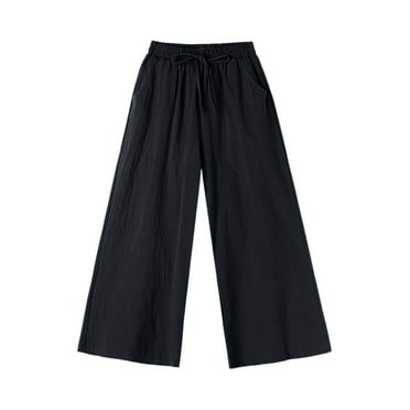 Htigea Palazzo Pants for Women Cotton Linen Capri Pants Summer Elastic High Waisted Yoga Long Pants Solid Color Loose Fit Wide Leg Pants with Pockets