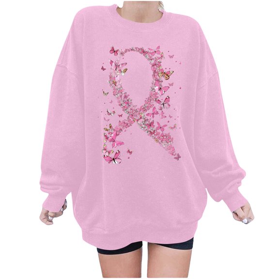 Htigea Pink Ribbon Sweatshirts for Women Breast Cancer Crewneck Pullover Oversized Long Sleeve Awareness Support Tops Pink S