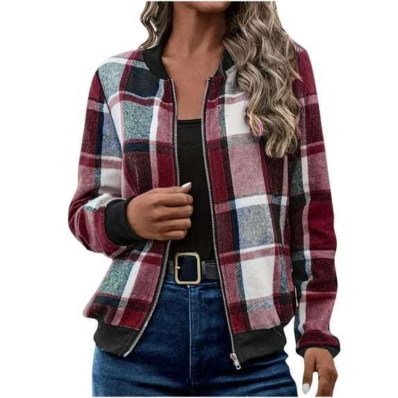 Htigea Plaid Jackets for Women Casual Zip Up Long Sleeve Shackets Fall Fashion Outerwear Outdoor Active Coats Wine L