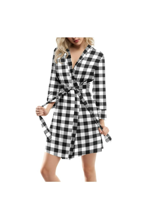 Plaid Robe for Women Lightweight Belted Short Bathrobe Ladies Sleepwear Nightgown Comfy Homewear Black,XL