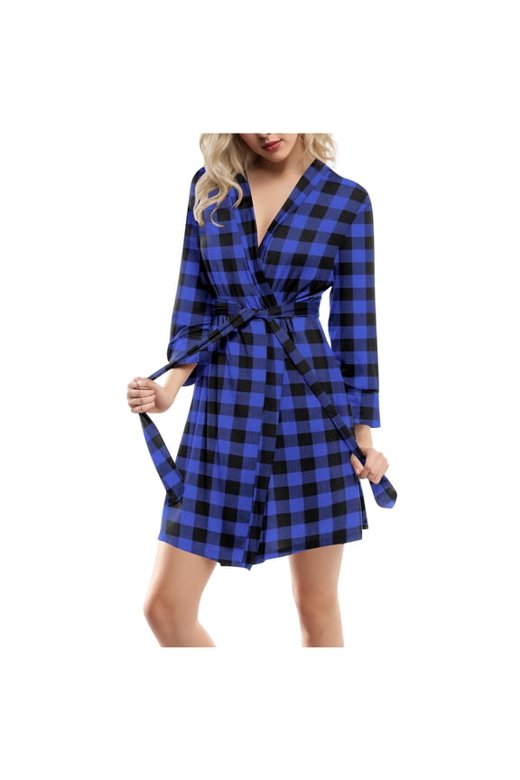 Plaid Robe for Women Lightweight Belted Short Bathrobe Ladies Sleepwear Nightgown Comfy Homewear Blue,XL