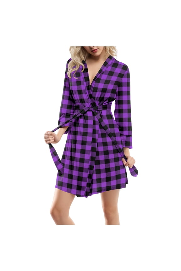 Plaid Robe for Women Lightweight Belted Short Bathrobe Ladies Sleepwear Nightgown Comfy Homewear Purple,XXL
