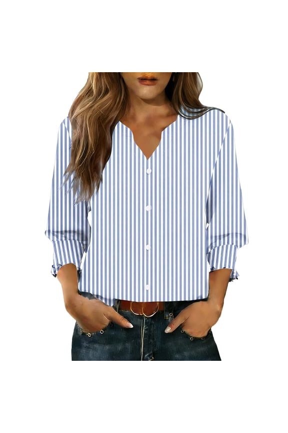 Plaid Shirts for Women 3/4 Sleeve Button Down V-Neck Tees Smocked Cuffs Dressy Blouse Vintage Tops Light Blue M