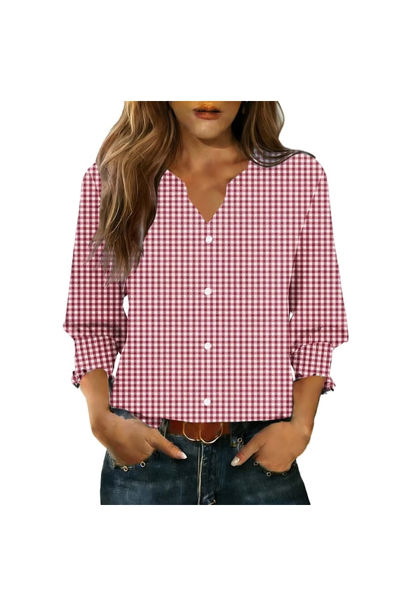 Plaid Shirts for Women 3/4 Sleeve Button Down V-Neck Tees Smocked Cuffs Dressy Blouse Vintage Tops Red S