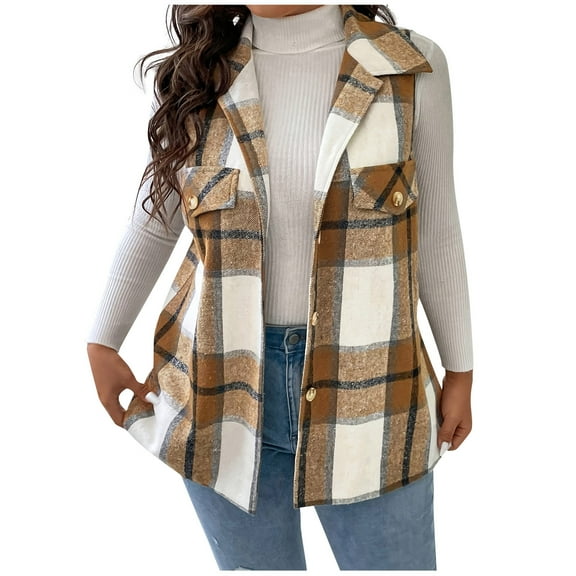 Htigea Plaid Vest for Women Button Down Sleeveless Jackets Ladies Checkered Lapel Shacket Shirts Khaki L