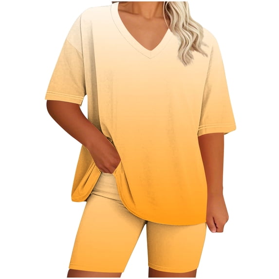 Htigea Plus Size 2 Piece Sets for Women Oversized V-Neck Short Sleeve Shirts and Slim Fit Shorts Matching Outfit Gradient Color Loungewear Yellow XXXXL
