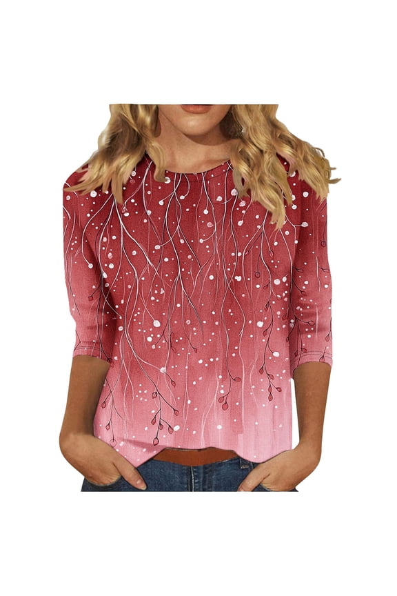 Plus Size 3/4 Length Sleeve Shirt for Women Gradient Color Crewneck Tunic Tees Casual Comfy Pullover Top Red,4XL