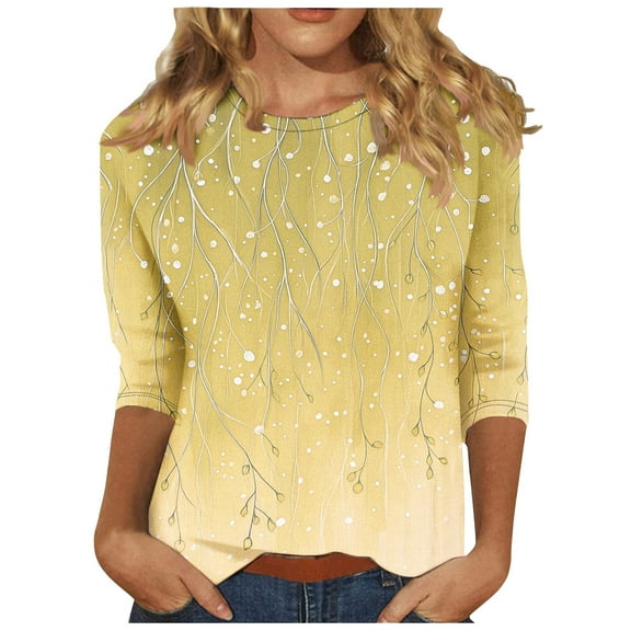 Htigea Plus Size 3/4 Length Sleeve Shirt for Women Gradient Color Crewneck Tunic Tees Casual Comfy Pullover Top Yellow,5XL
