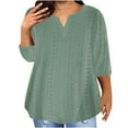 thumbnail image 1 of Htigea Plus Size 3/4 Length Sleeve Tops for Women Eyelet Hollow Out Tees Notch V Neck Tunic Tshirt Casual Breathable Shirts Green,S, 1 of 5