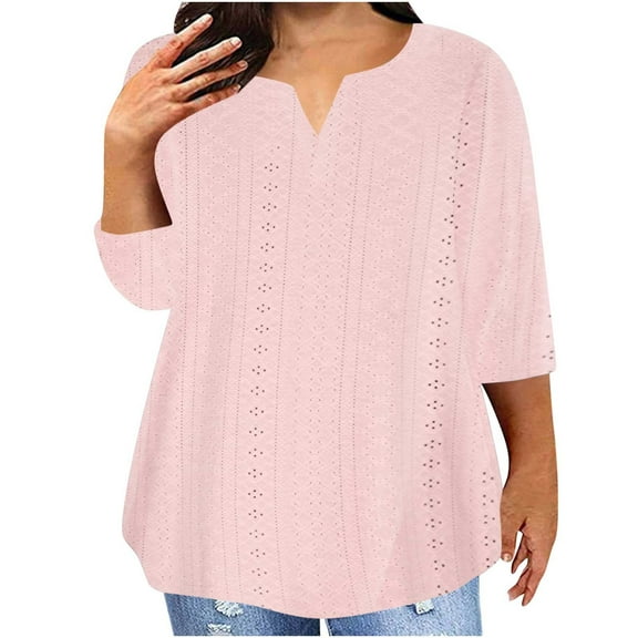 Htigea Plus Size 3/4 Length Sleeve Tops for Women Eyelet Hollow Out Tees Notch V Neck Tunic Tshirt Casual Breathable Shirts Pink,3XL