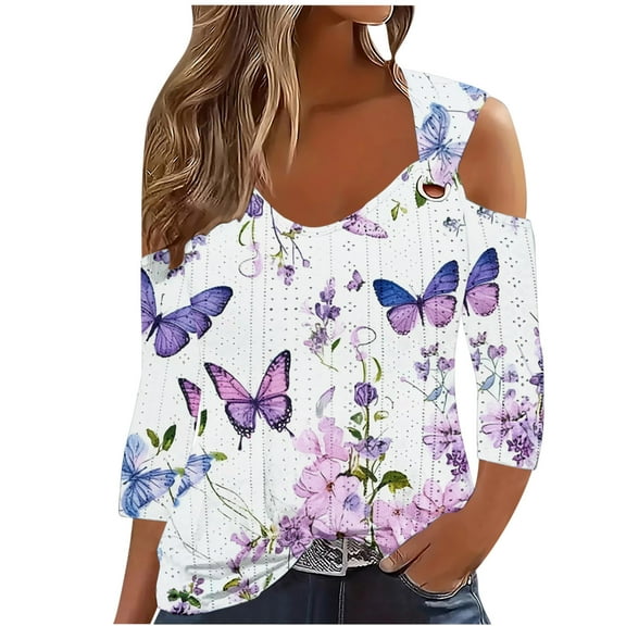 Htigea Plus Size 3/4 Sleeve Shirt for Women V Neck Cold Shoulder Tops Eyelet Hollow Out Tunic Blouse Fashion Printed Tunic Tees Purple,2XL